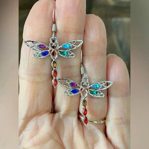 Cute Colorful Dragonfly Earrings Silver & Rose Gold Tone NEW